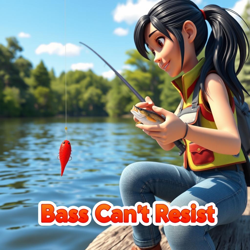 A dynamic 3D animated image of a woman fishing for bass by the water's edge