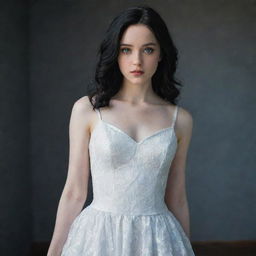 A 21-year-old enigmatic young woman with pale skin and dark black hair. Her blue-grey eyes hold a touch of mystery. She wears a pristine white dress, her innocent gaze hinting at hidden depths.