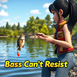 A dynamic 3D animated image of a woman fishing for bass by the water's edge