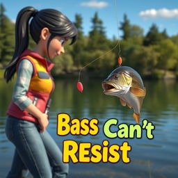 A dynamic 3D animated image of a woman fishing for bass by the water's edge