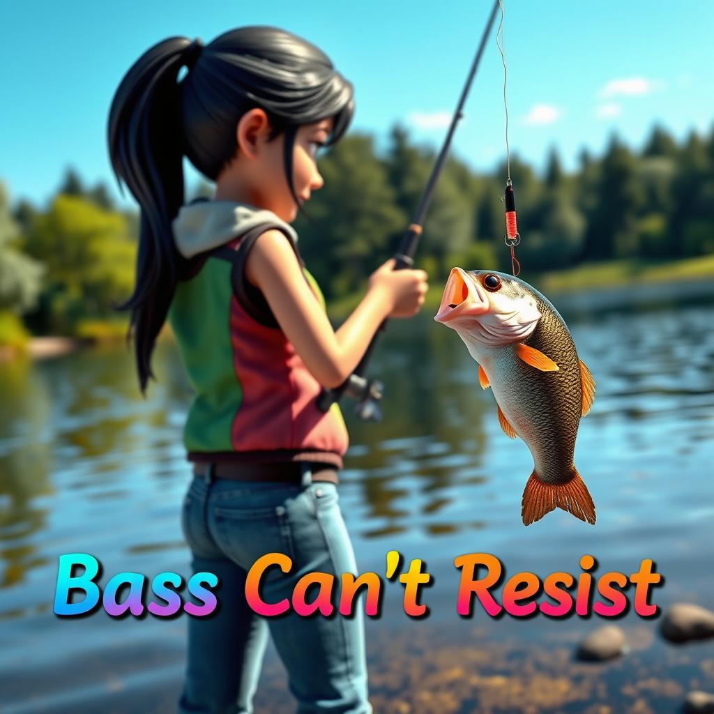 A dynamic 3D animated image of a woman fishing for bass by the water's edge