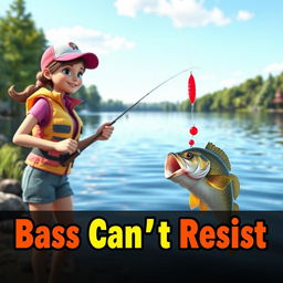 An engaging 3D animated image of a woman fishing for bass, captured in a thrilling action moment