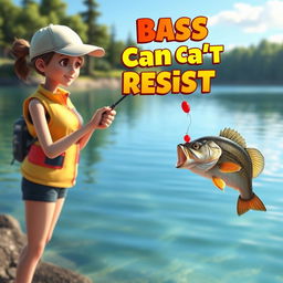 An engaging 3D animated image of a woman fishing for bass, captured in a thrilling action moment