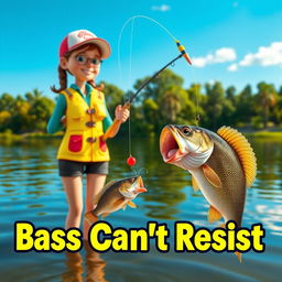 An engaging 3D animated image of a woman fishing for bass, captured in a thrilling action moment