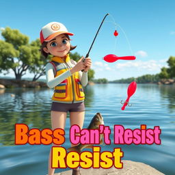 An engaging 3D animated image of a woman fishing for bass, captured in a thrilling action moment