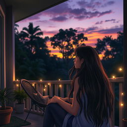 Maria, a young woman with long flowing hair, sitting on her porch at dusk, looking curiously towards the dense forest of Gubat ng mga Karamihan