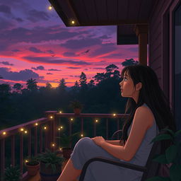 Maria, a young woman with long flowing hair, sitting on her porch at dusk, looking curiously towards the dense forest of Gubat ng mga Karamihan