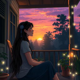 Maria, a young woman with long flowing hair, sitting on her porch at dusk, looking curiously towards the dense forest of Gubat ng mga Karamihan