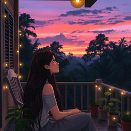 Maria, a young woman with long flowing hair, sitting on her porch at dusk, looking curiously towards the dense forest of Gubat ng mga Karamihan