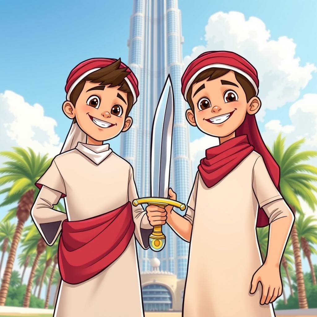 Two Emirati boys playfully holding a shiny silver dagger, standing under the towering Burj Khalifa, which is towering majestically in the background