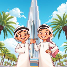 Two Emirati boys playfully holding a shiny silver dagger, standing under the towering Burj Khalifa, which is towering majestically in the background