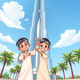 Two Emirati boys playfully holding a shiny silver dagger, standing under the towering Burj Khalifa, which is towering majestically in the background