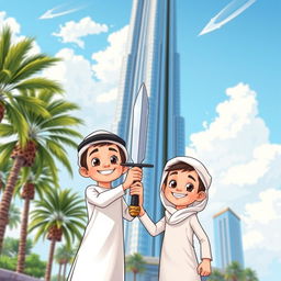 Two Emirati boys playfully holding a shiny silver dagger, standing under the towering Burj Khalifa, which is towering majestically in the background