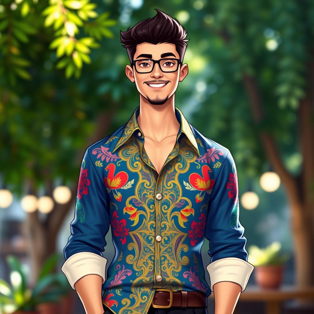 A stylish character wearing a beautifully tailored shirt, with intricate patterns and vibrant colors