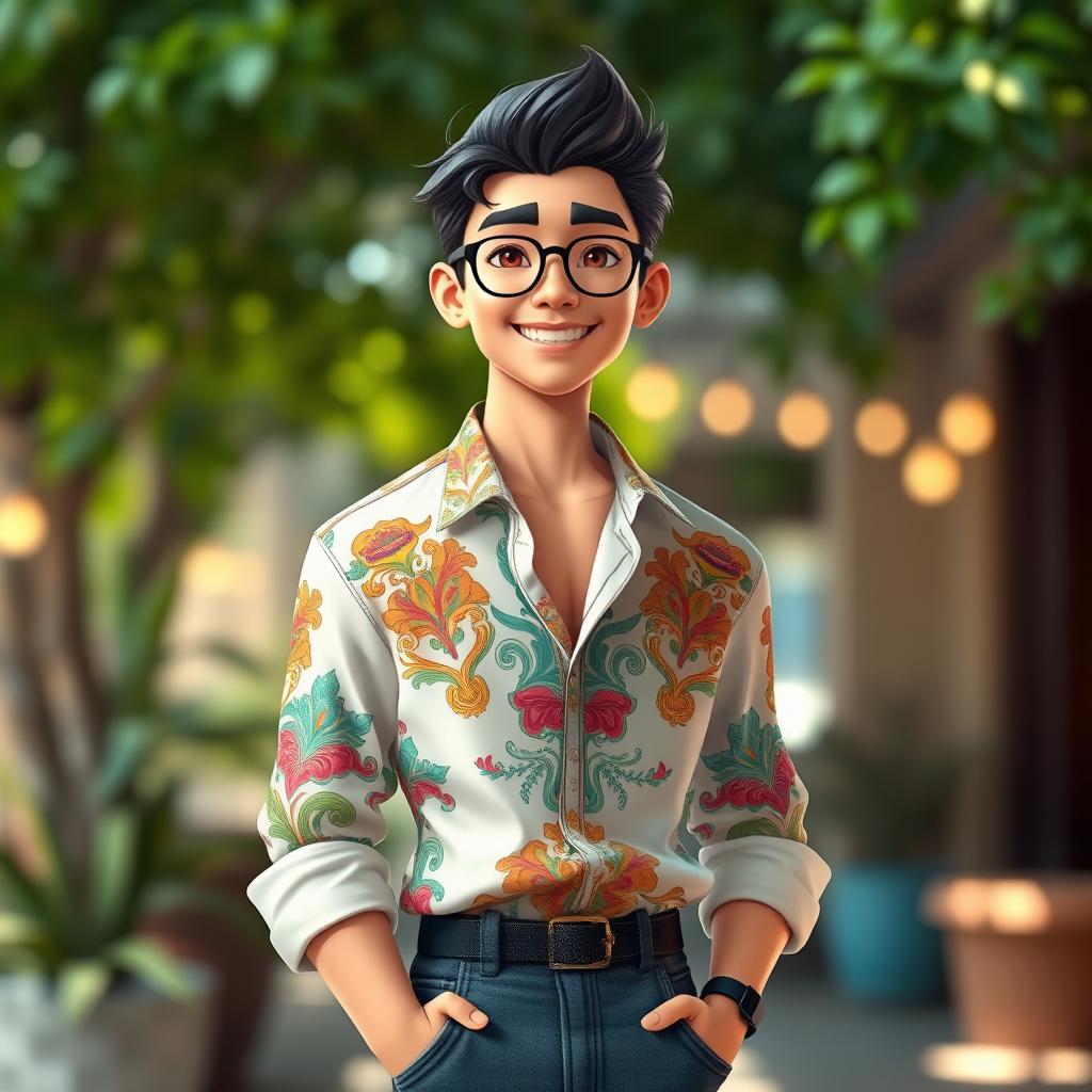 A stylish character wearing a beautifully tailored shirt, with intricate patterns and vibrant colors