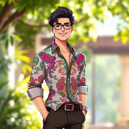 A stylish character wearing a beautifully tailored shirt, with intricate patterns and vibrant colors