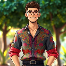 A stylish character wearing a beautifully tailored shirt, with intricate patterns and vibrant colors