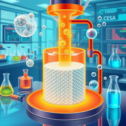 A detailed, scientific illustration of the thermal cracking of plastic into hydrogen using monolith zeolite catalysts