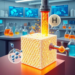 A detailed, scientific illustration of the thermal cracking of plastic into hydrogen using monolith zeolite catalysts