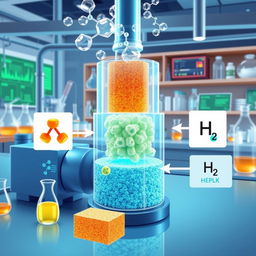 A detailed, scientific illustration of the thermal cracking of plastic into hydrogen using monolith zeolite catalysts