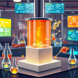 A detailed, scientific illustration of the thermal cracking of plastic into hydrogen using monolith zeolite catalysts