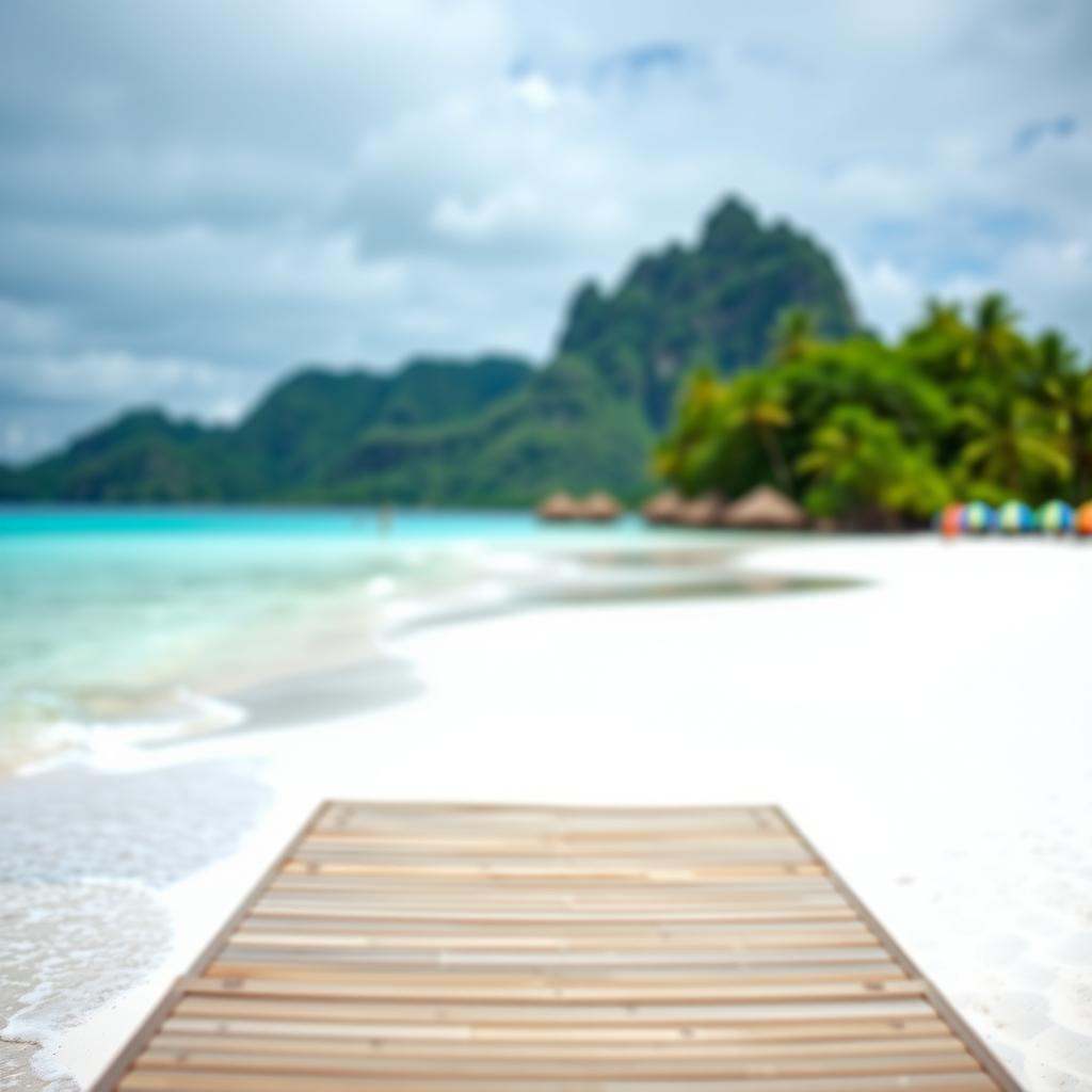 A bright, tropical beach scene with a sandy shoreline extending toward the horizon