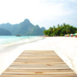 A bright, tropical beach scene with a sandy shoreline extending toward the horizon