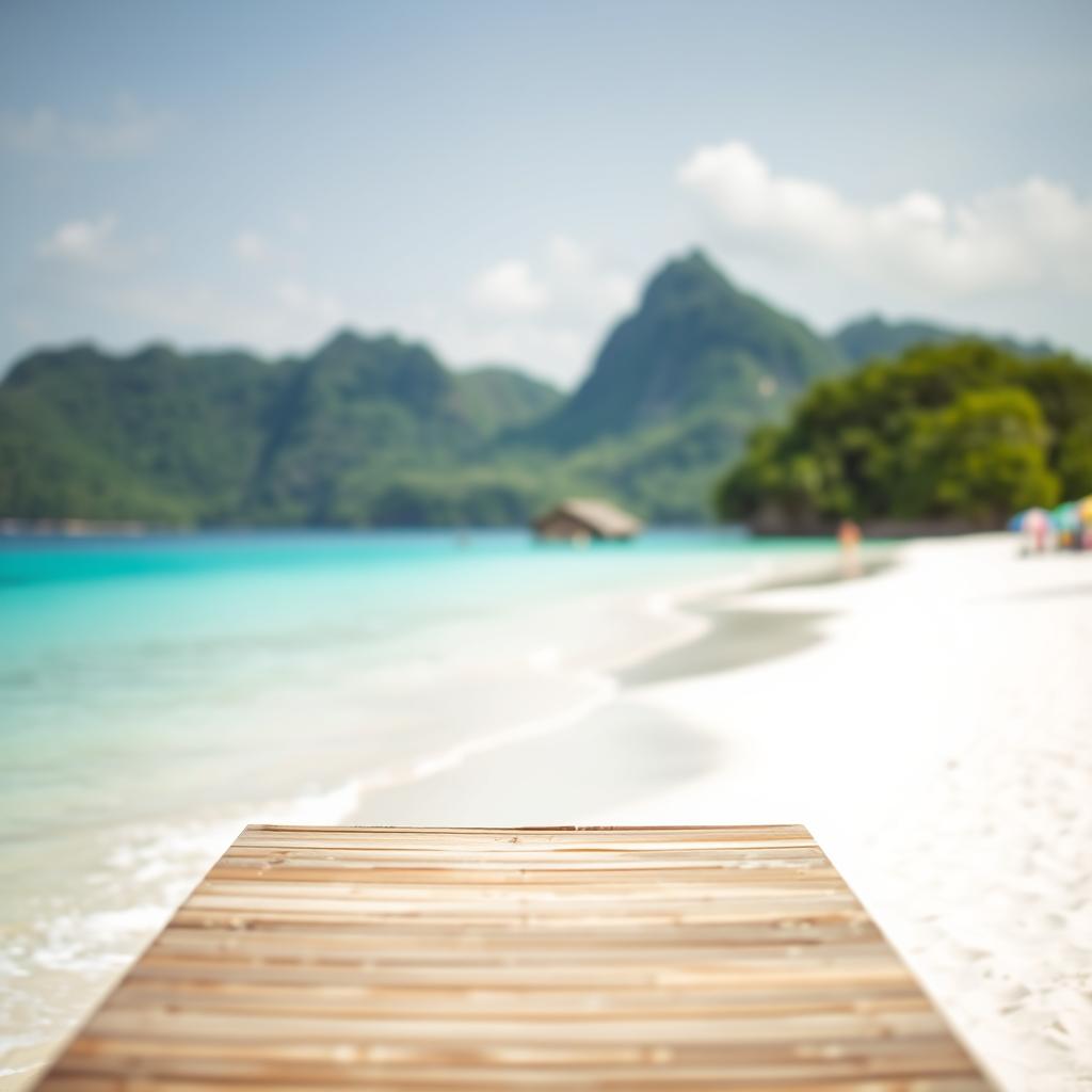 A bright, tropical beach scene with a sandy shoreline extending toward the horizon