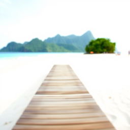 A bright, tropical beach scene with a sandy shoreline extending toward the horizon