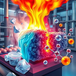 A detailed scientific illustration depicting thermal cracking of plastic waste into hydrogen and hydrocarbons, showcasing the interaction with monoliths of zeolite catalysts