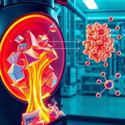 A detailed scientific illustration depicting thermal cracking of plastic waste into hydrogen and hydrocarbons, showcasing the interaction with monoliths of zeolite catalysts