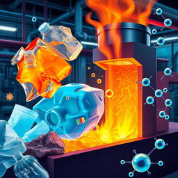 A detailed scientific illustration depicting thermal cracking of plastic waste into hydrogen and hydrocarbons, showcasing the interaction with monoliths of zeolite catalysts