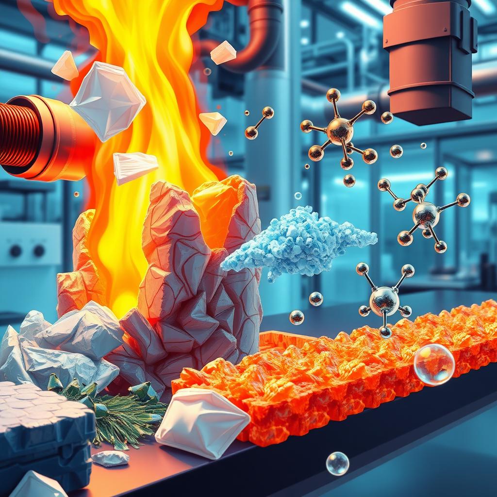 A detailed scientific illustration depicting thermal cracking of plastic waste into hydrogen and hydrocarbons, showcasing the interaction with monoliths of zeolite catalysts