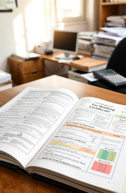 An open book laying on a wooden table, showing detailed diagrams and samples of tax withholding certificates