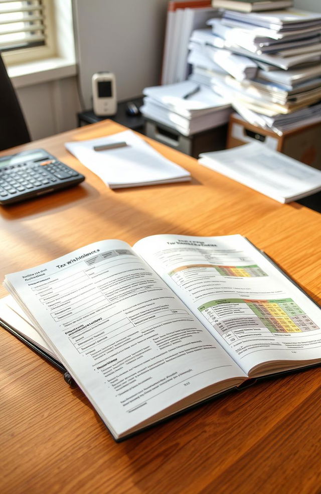 An open book laying on a wooden table, showing detailed diagrams and samples of tax withholding certificates