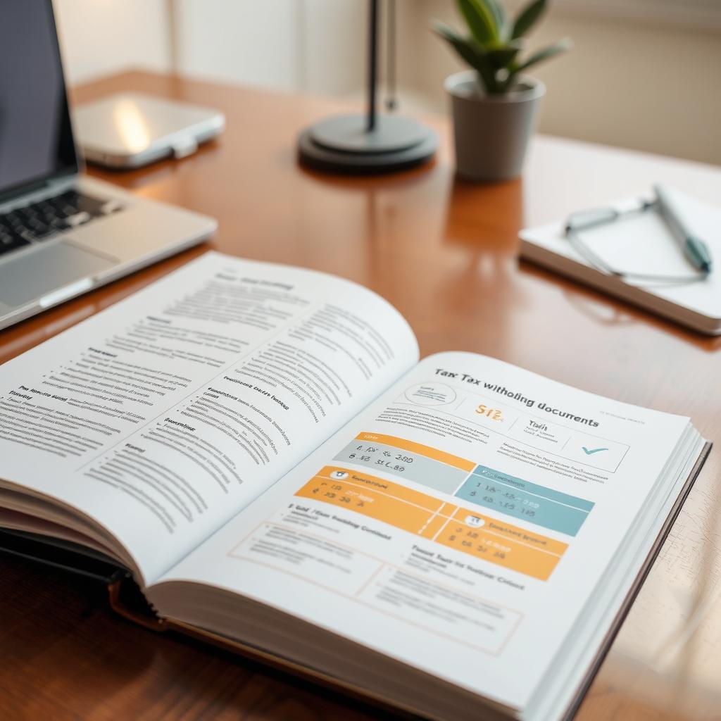 An open book resting on a polished wooden desk, displaying a detailed guide on how to create tax withholding documents