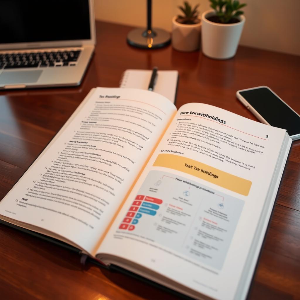 An open book resting on a polished wooden desk, displaying a detailed guide on how to create tax withholding documents