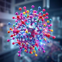 A scientific visualization depicting Metal-organic Frameworks (MOFs) specifically UiO-66 particles, intricately surrounded by various colorful polymer brushes