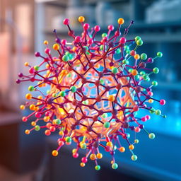 A scientific visualization depicting Metal-organic Frameworks (MOFs) specifically UiO-66 particles, intricately surrounded by various colorful polymer brushes