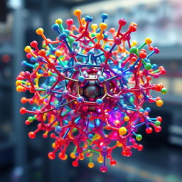 A scientific visualization depicting Metal-organic Frameworks (MOFs) specifically UiO-66 particles, intricately surrounded by various colorful polymer brushes