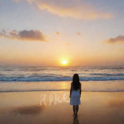 The name 'Abeer' written in clouds at sunset over a sea beach, with a girl standing and looking at it.