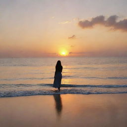 The name 'Abeer' written in clouds at sunset over a sea beach, with a girl standing and looking at it.