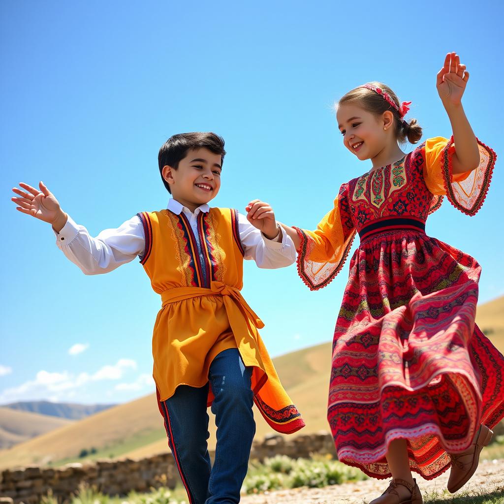 A delightful scene showcasing a boy and a girl performing the Lezginka dance, with a focus on Turkish cultural elements