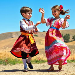 A delightful scene showcasing a boy and a girl performing the Lezginka dance, with a focus on Turkish cultural elements