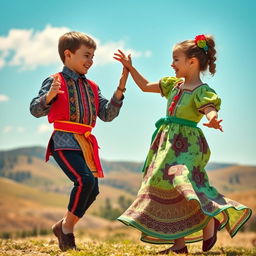 A delightful scene showcasing a boy and a girl performing the Lezginka dance, with a focus on Turkish cultural elements