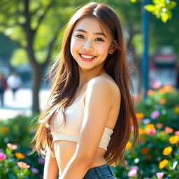 A young, beautiful girl of mixed heritage, featuring Korean influences, with an attractive physique