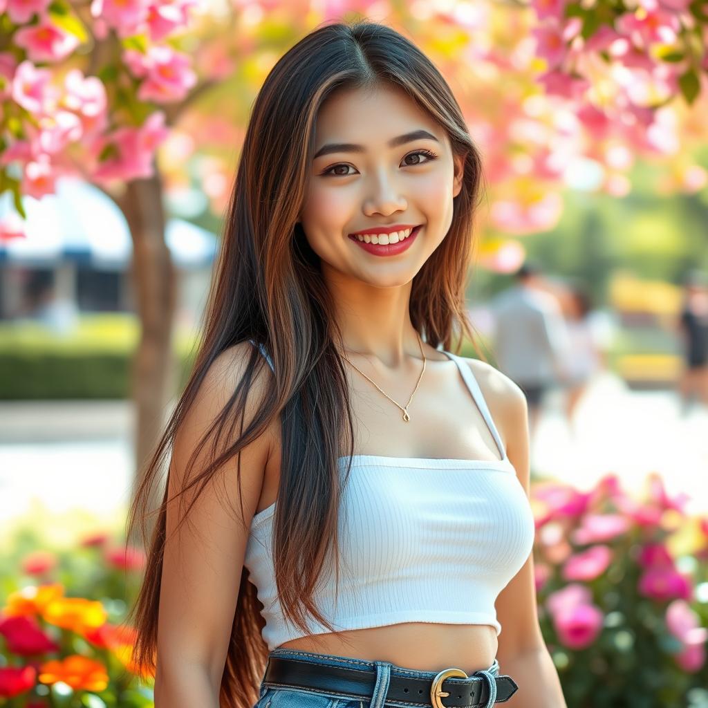 A young, beautiful girl of mixed heritage, featuring Korean influences, with an attractive physique