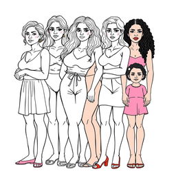 A detailed line drawing for a coloring book featuring a group of women and girls of various body sizes, ages, and skin colors, all standing next to each other with serious expressions