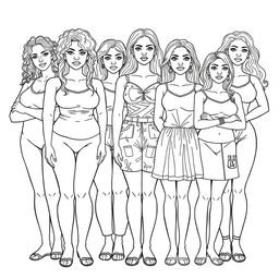 A detailed line drawing for a coloring book featuring a group of women and girls of various body sizes, ages, and skin colors, all standing next to each other with serious expressions