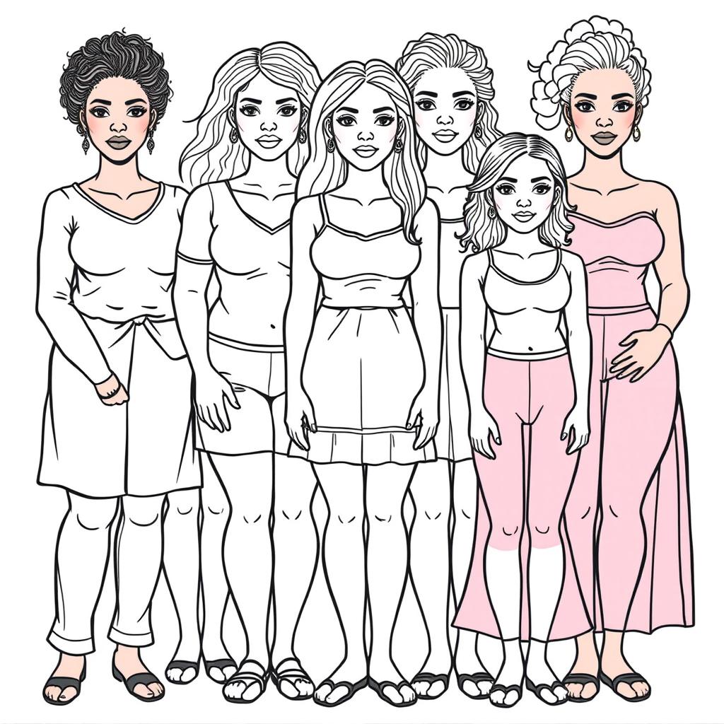 A detailed line drawing for a coloring book featuring a group of women and girls of various body sizes, ages, and skin colors, all standing next to each other with serious expressions